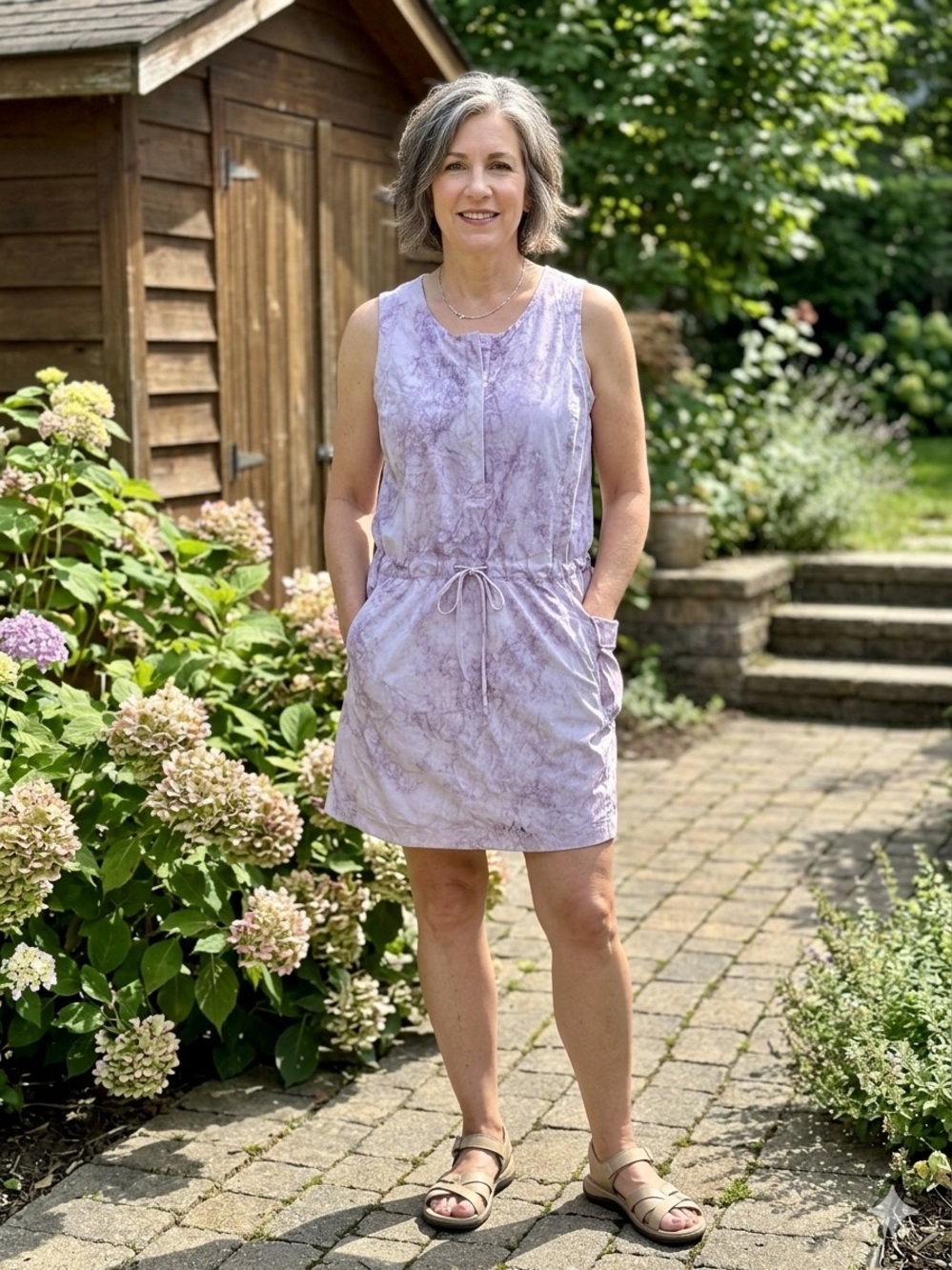 Sleeveless Lavender Tie-Waist Mini Dress with Pockets